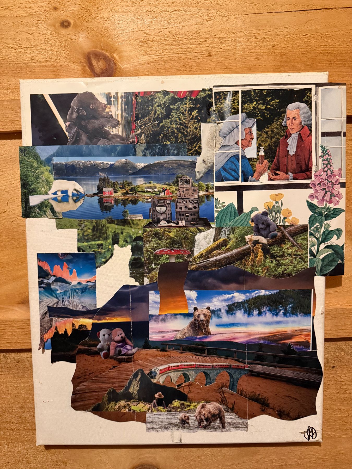Mixed-media collage of bears, fjords and forests