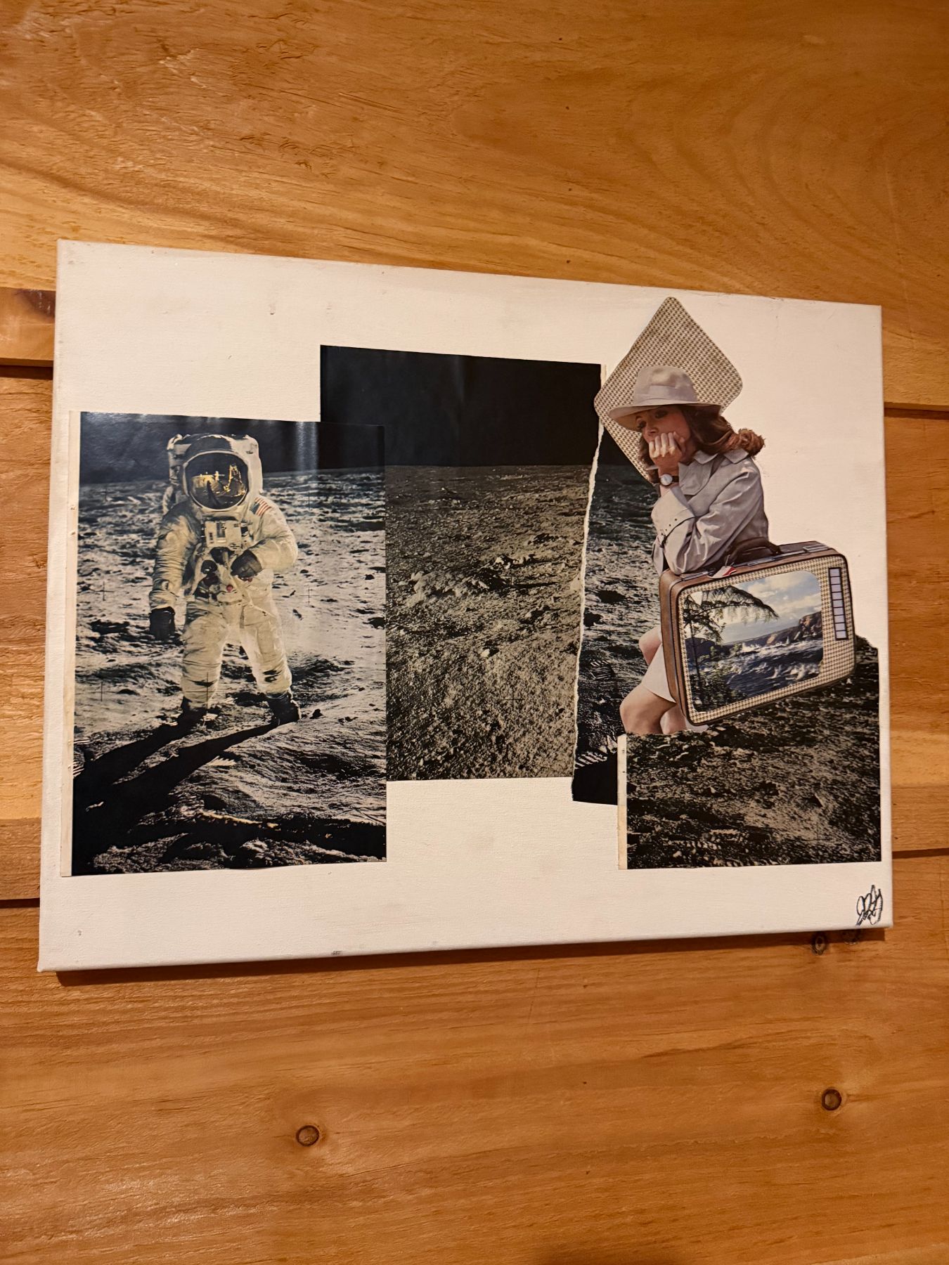Collage of an astronaut on the moon beside a woman carrying a television suitcase