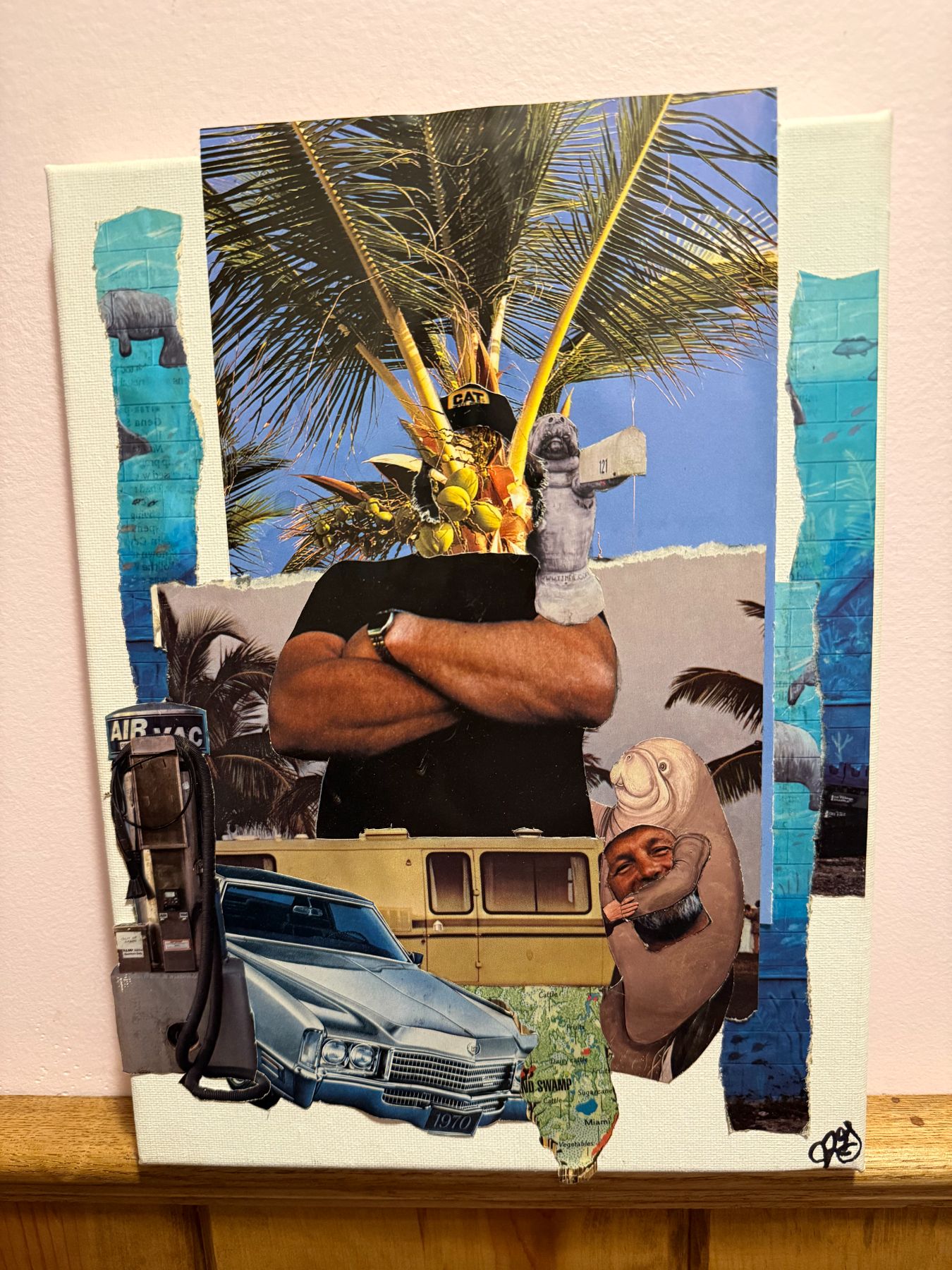 Mixed-media collage — palms, a Cadillac, manatees and an air-vac pump